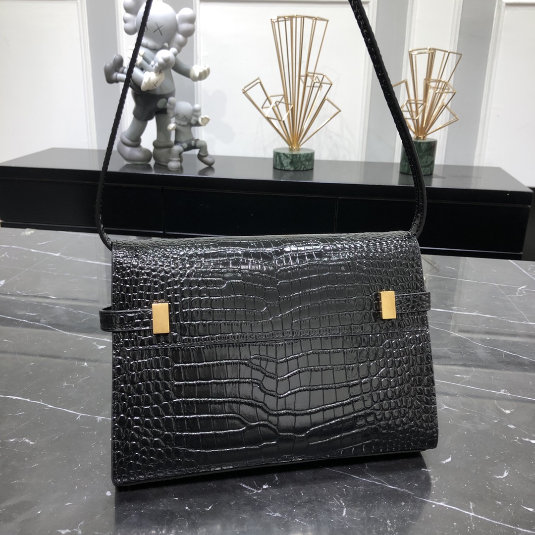 Saint Laurent Small Manhattan Box Crocodile Embossed Calfskin Shoulder Bag Black 675626 